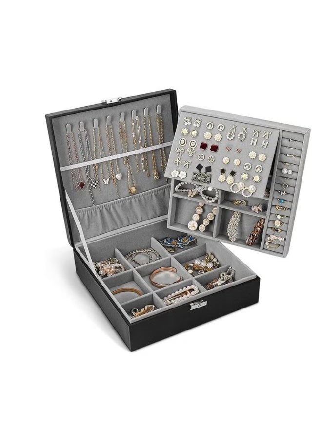 Arabest Universal Jewelry Box for Men and Women 2-layer Large Jewelry Storage Box with Lock Necklace Bracelet Earring Ring Jewelry Storage Box Black - Image 1