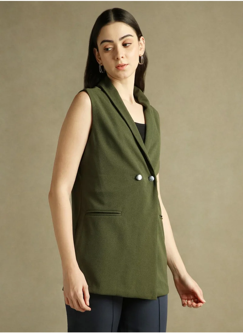 دينيس لينغو Women's Olive 100% Polyester Solid Regular Fit Blazer