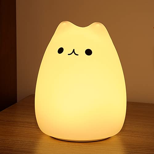 ZKLiLi cat Night Light, Cute Nursery Lights USB Rechargeable Cat Lamp Nightlight Birthday Christmas Gift with Warm White and 7-Color Breathing Modes for Kids Baby Children (USB Charging) - Image 1