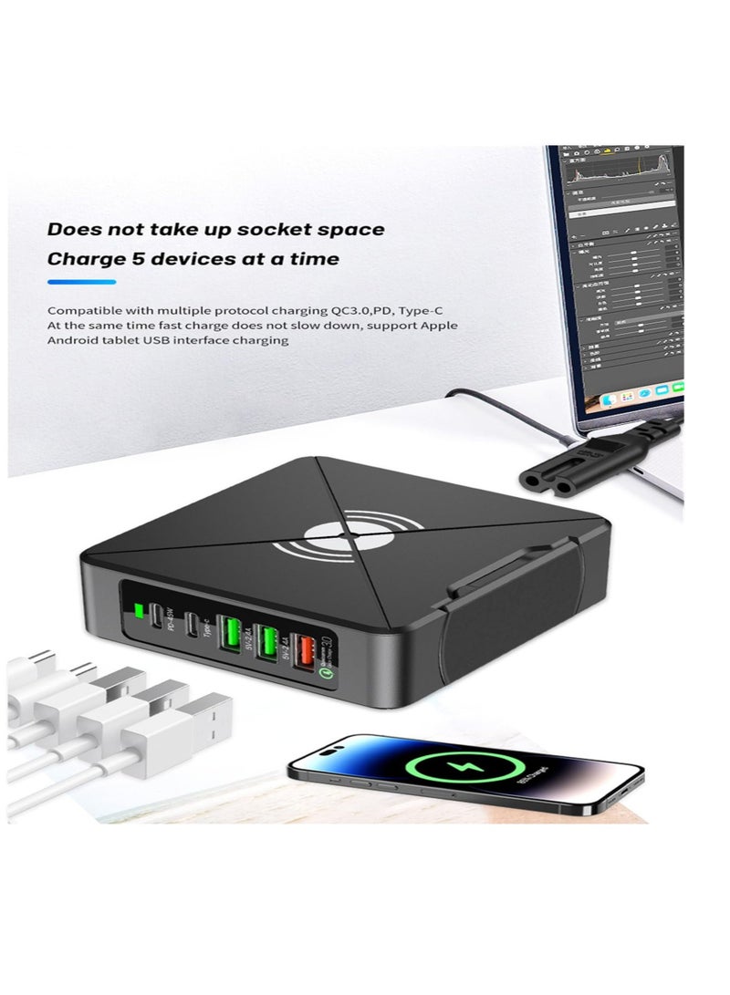 Excefore 75W Smart Multi-Ports USB Charging Station, HUB Wireless Charger Station, Portable Desktop USB C Charging Station, Laptop Power Bank QC3.0 Type C PD Phone Chargers Station - Image 2