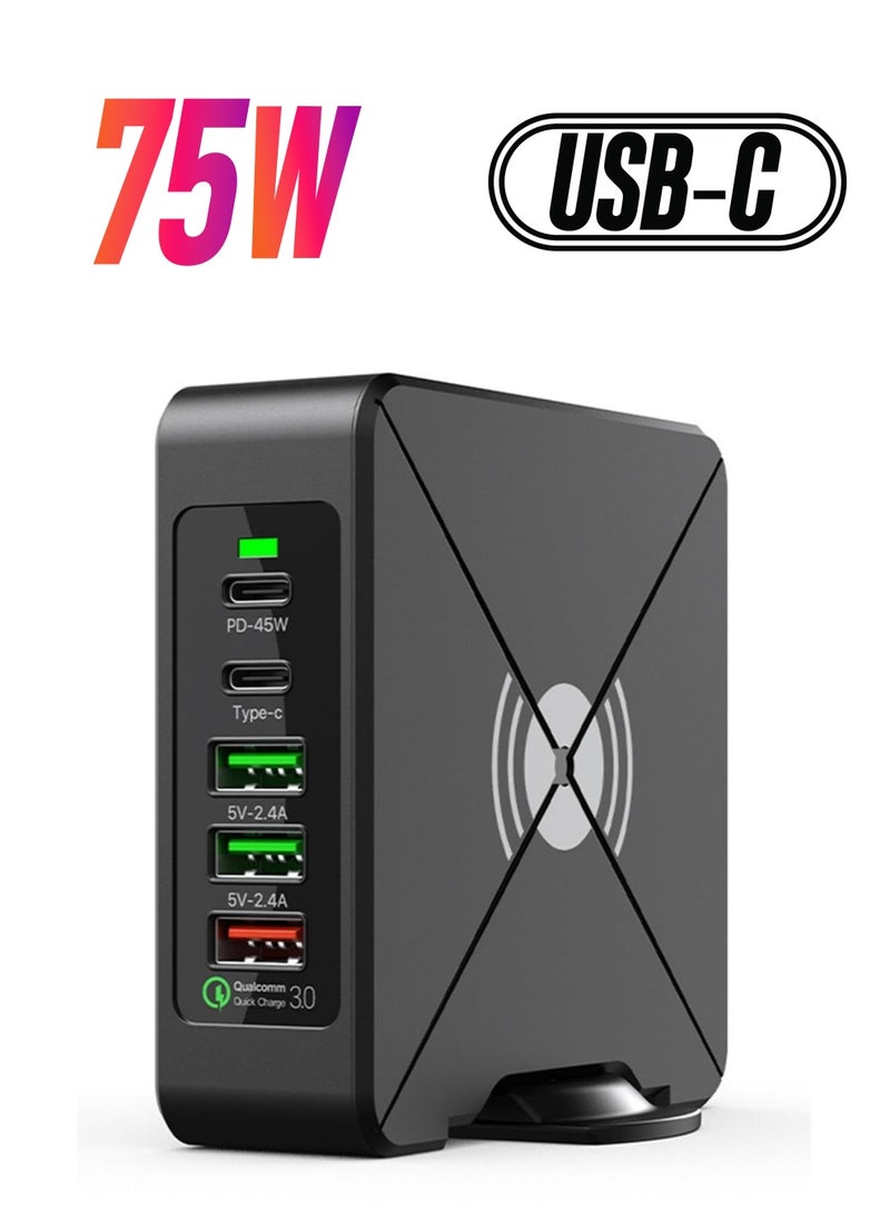 Excefore 75W Smart Multi-Ports USB Charging Station, HUB Wireless Charger Station, Portable Desktop USB C Charging Station, Laptop Power Bank QC3.0 Type C PD Phone Chargers Station - Image 1