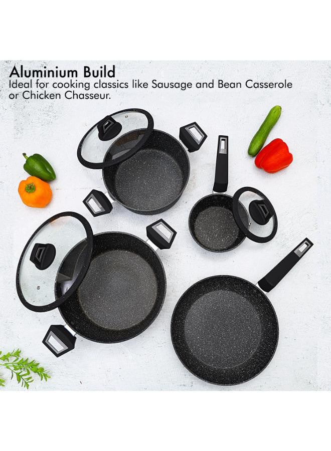 Royalford 7 Pieces Black Chefart Aluminium Cookware Set Granite Coated Induction Bottom 2.5Mm Body Thickness Soft Touch Handles Tempered Glass Lid 54X20X33Cm Multicolor Multicolor - Image 5