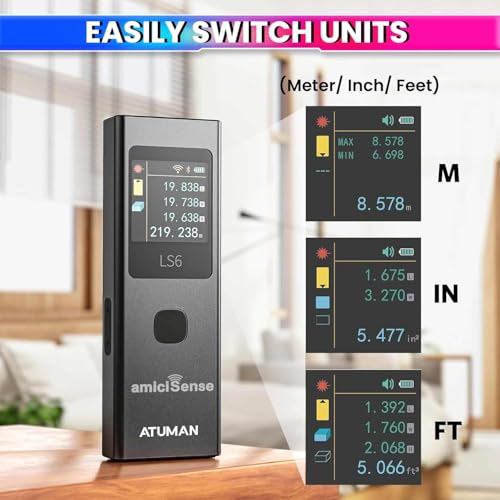 amiciSense 3-in-1 Laser Distance Meter – 19 Modes for Distance, Area, and Volume Measurement, Type-C Rechargeable with Auto-Off and Color Display - Image 3