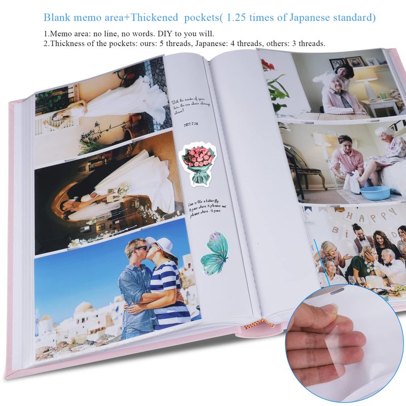 1DOT2 Luxury Fabric Photo Album 4x6 With Writing Space Acid Free Pockets Holds 300 Photos with Memo  3 Per Pages Photobook Album for Wedding Vacation Family Pink - Image 3