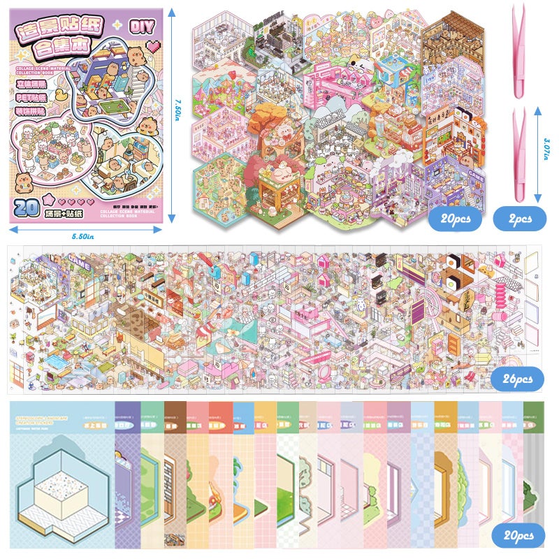 GUBEARE 20 Sets DIY 3D Sticker Scene Collection Book DIY 3D House Stickers Make Your Own Sticker Therapy Cute Cartoon Stickers Scenes for Relief Stress Pass The Time - Image 2