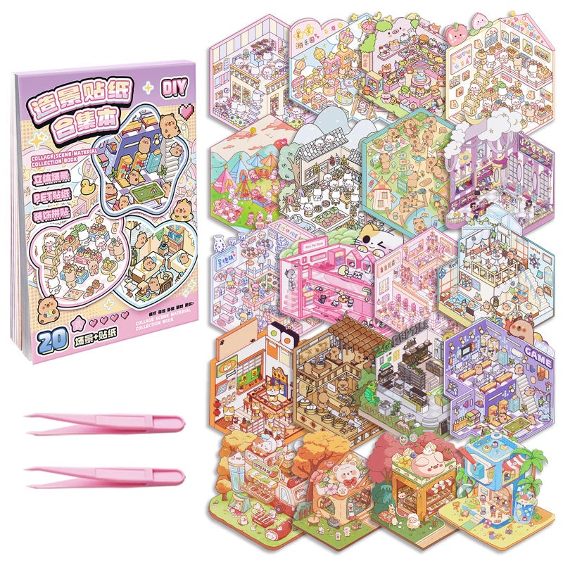 GUBEARE 20 Sets DIY 3D Sticker Scene Collection Book DIY 3D House Stickers Make Your Own Sticker Therapy Cute Cartoon Stickers Scenes for Relief Stress Pass The Time - Image 1