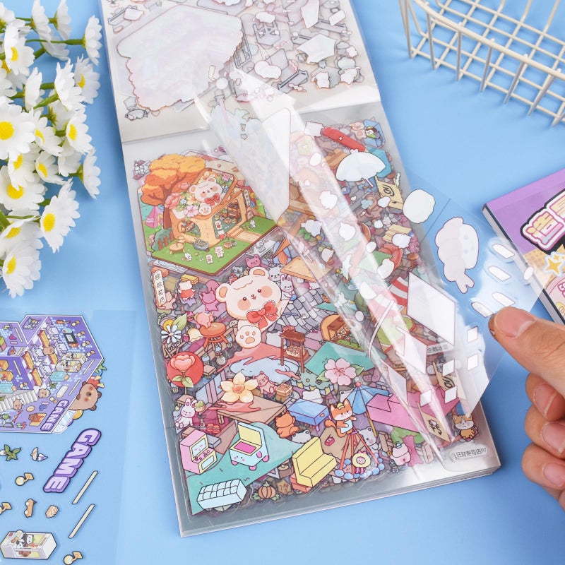 GUBEARE 20 Sets DIY 3D Sticker Scene Collection Book DIY 3D House Stickers Make Your Own Sticker Therapy Cute Cartoon Stickers Scenes for Relief Stress Pass The Time - Image 3