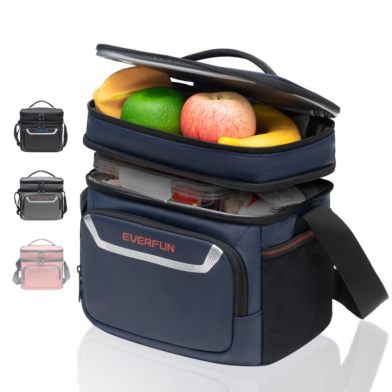 EVERFUN Insulated Lunch Bag Soft Lunch Box for Men Dual Compartments Small Lunch Box Collapsible Waterproof LeakProof for Work Navy