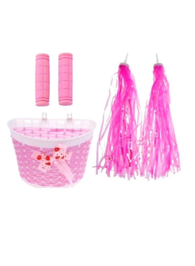 Excefore Kid's Bicycle Basket Streamers Set, Girl Bike Basket, Bike Handlebar Wicker Basket Bike Streamers Bell and Stickers,Bike Basket Front Decoration for Girls Pink - Image 3