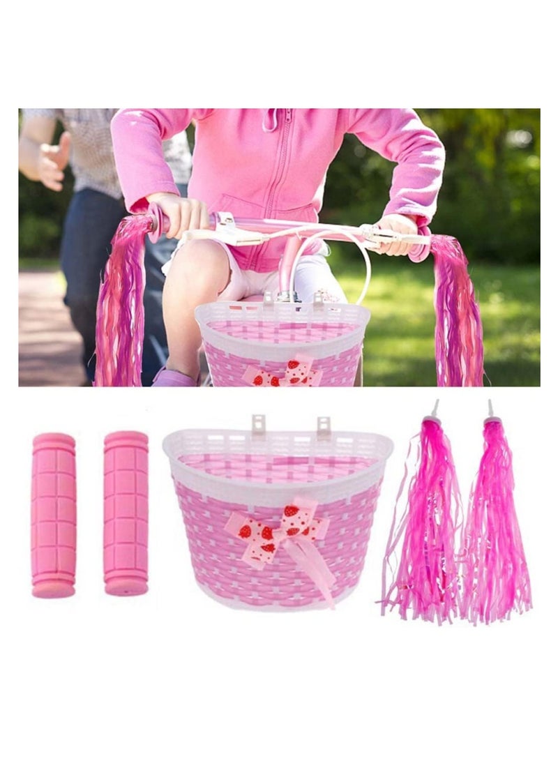 Excefore Kid's Bicycle Basket Streamers Set, Girl Bike Basket, Bike Handlebar Wicker Basket Bike Streamers Bell and Stickers,Bike Basket Front Decoration for Girls Pink - Image 5