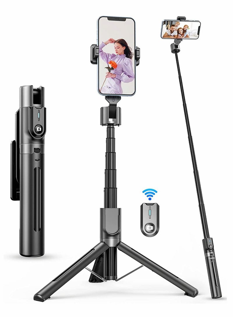 SYOSI Bluetooth Selfie Stick Tripod Portable 43 Inch Aluminum Alloy Selfie Stick with Detachable Remote for iPhone Samsung Android Smartphone Rotating Fill Light Tripod Live Broadcast Support (Black) - Image 1