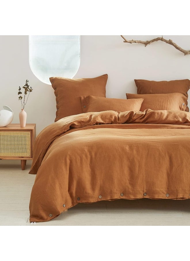 Simple&Opulence Simple&Opulence 100% Linen Duvet Cover Set 3pcs with Coconut Button Closure Natural French Washed Flax Solid Color Soft Breathable Farmhouse Bedding - Rust, Queen Size  - Image 1