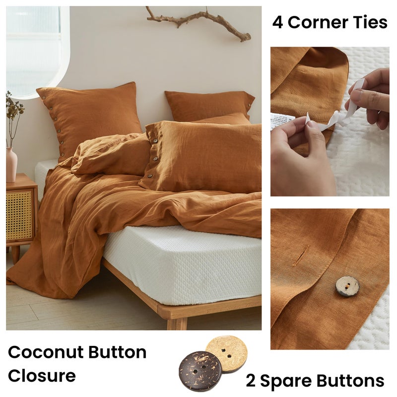Simple&Opulence 100% Linen Duvet Cover Set 3pcs with Coconut Button Closure Natural French Washed Flax Solid Color Soft Breathable Farmhouse Bedding - Rust, Queen Size - Image 3