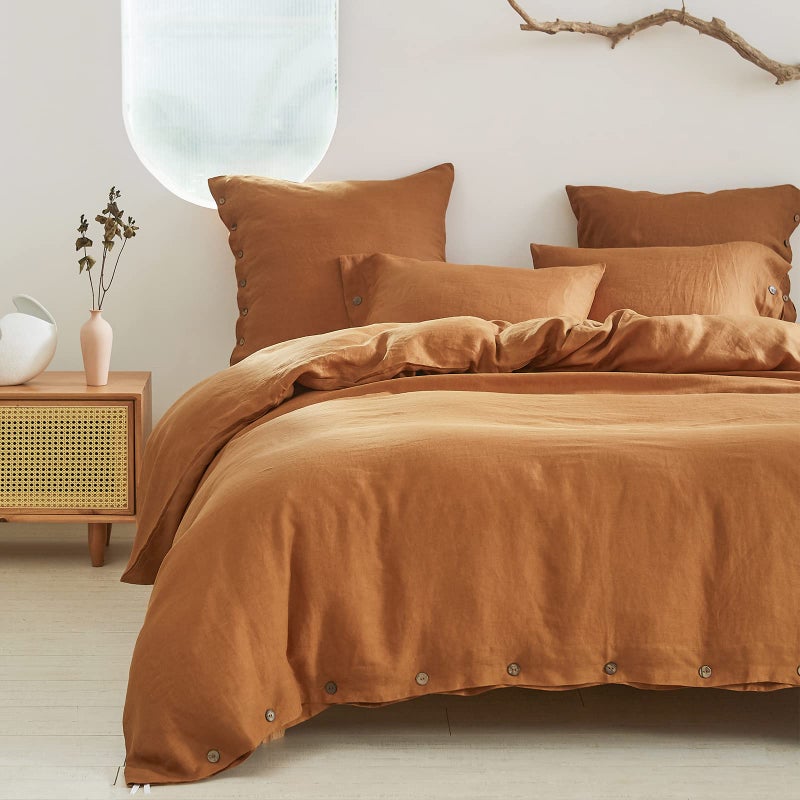 Simple&Opulence 100% Linen Duvet Cover Set 3pcs with Coconut Button Closure Natural French Washed Flax Solid Color Soft Breathable Farmhouse Bedding - Rust, Queen Size - Image 1