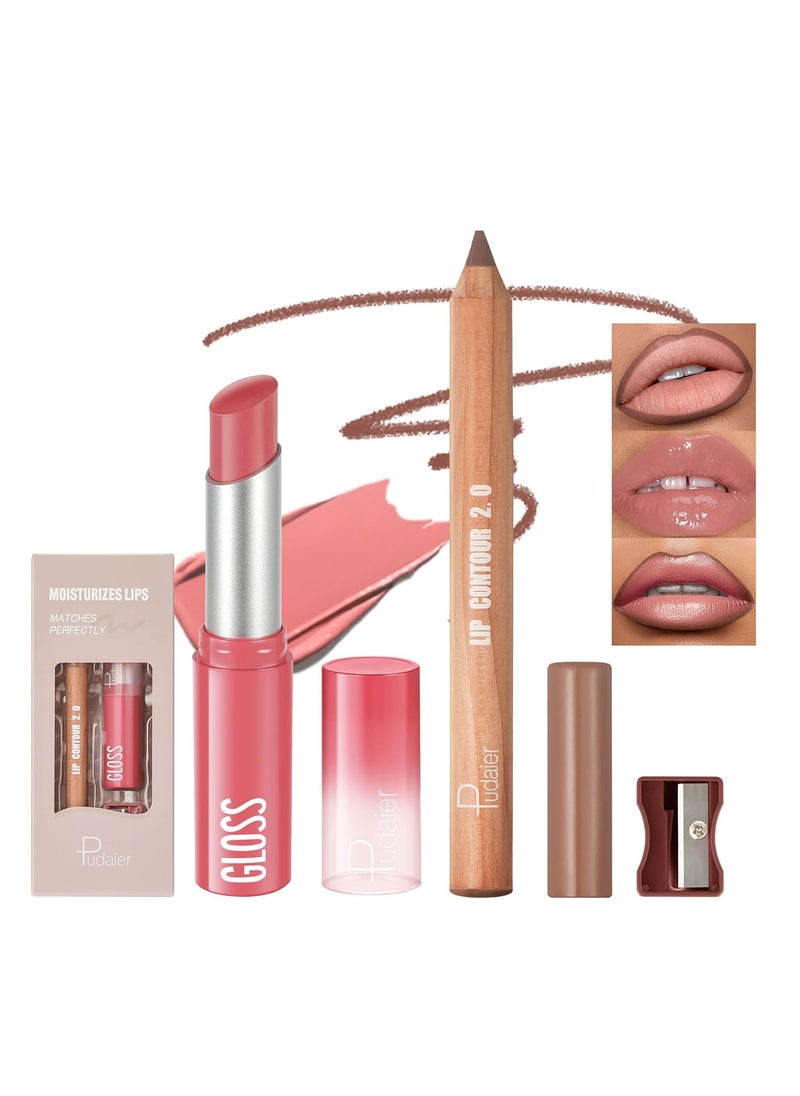 pudaier 2Pcs Lip Liner and Lipstick Combo Highly Pigmented Lip Liner and Lipstick Set for women Long Lasting Matte Lip Pencil and Hydrating Lip Balm Lip Gloss Makeup Kits with Sharpener 