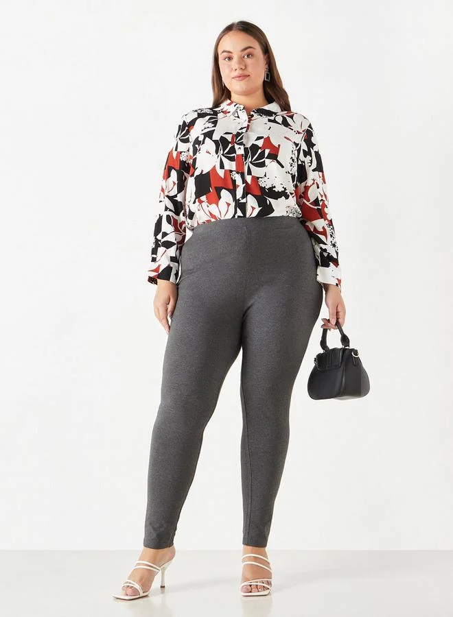 Ulla Popken Plus Size Ulla Popken All-Over Print Shirt with Collar and Long Sleeves