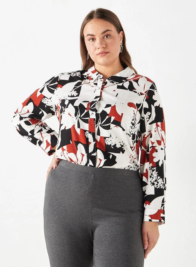 Ulla Popken Plus Size Ulla Popken All-Over Print Shirt with Collar and Long Sleeves