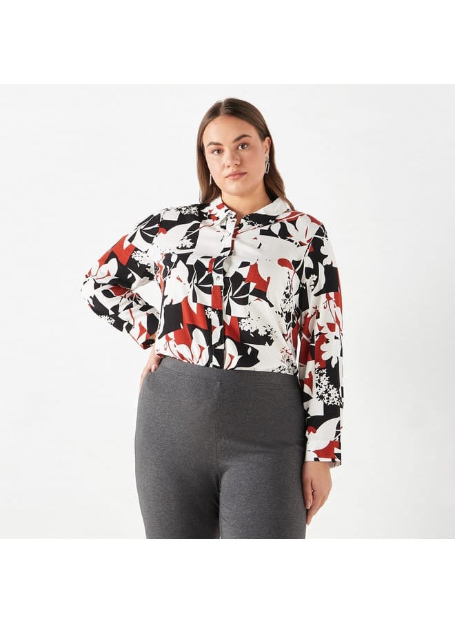 Ulla Popken Plus Size Ulla Popken All-Over Print Shirt with Collar and Long Sleeves  - Image 1
