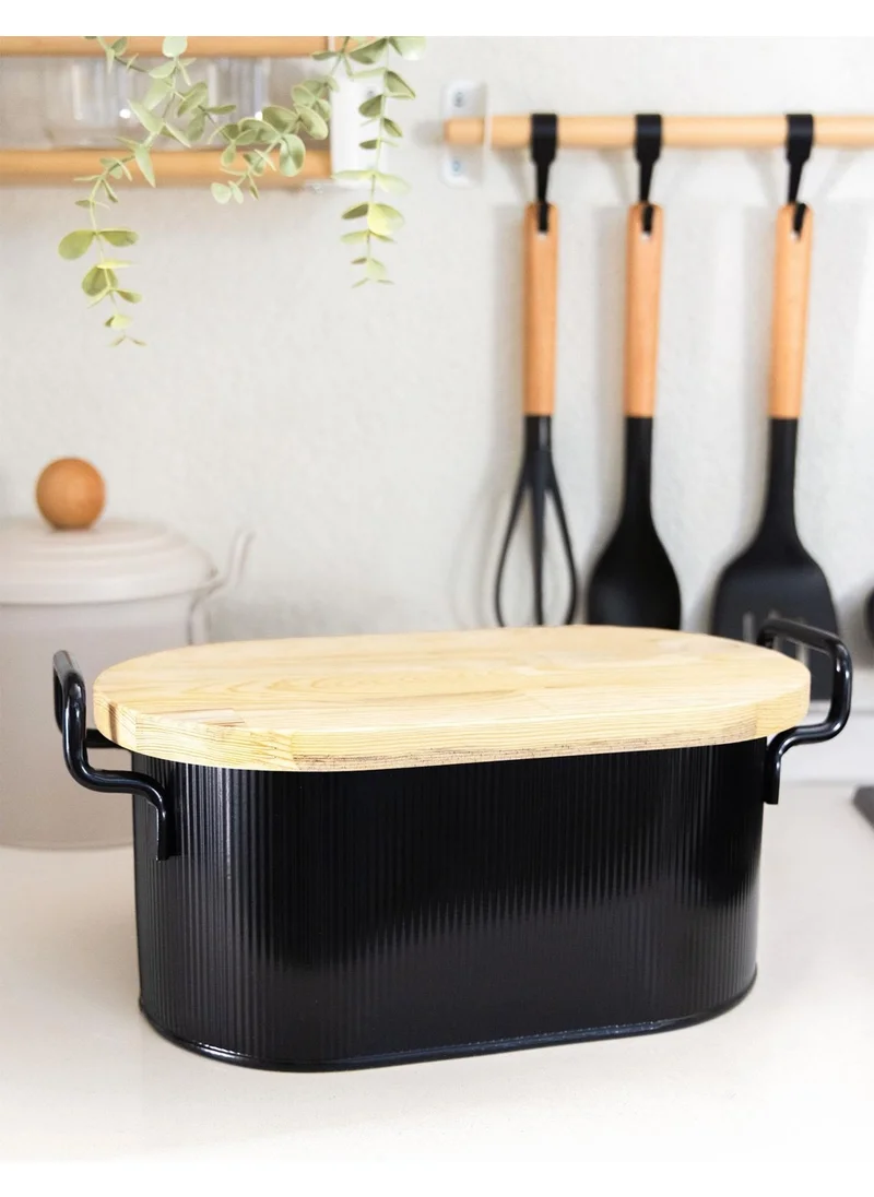 The Mia Stripe Wooden Lid Bread Storage Box Black 40X22X18 cm