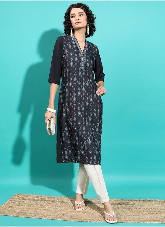 Vishudh Women Black Geometric Flared Sleeves Thread Work Kurta by Styli  - Image 1