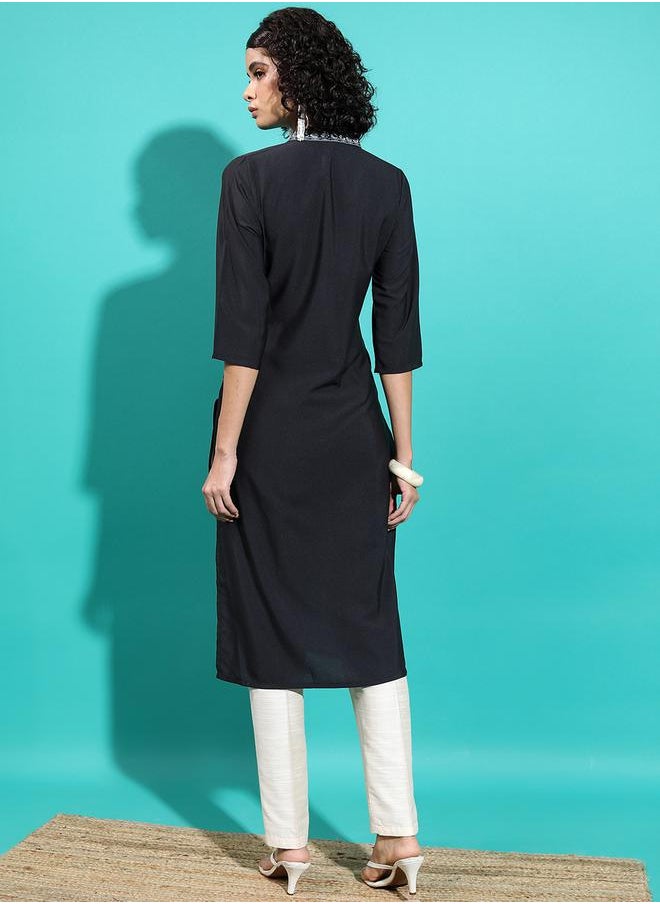 Vishudh Women Black Geometric Flared Sleeves Thread Work Kurta by Styli  - Image 3