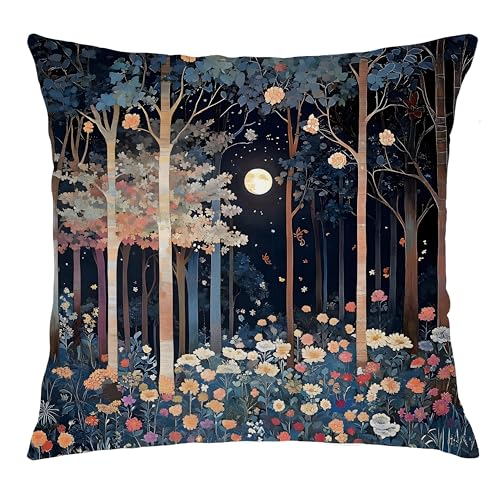 BUJSP Rustic William Morris Inspired Night Moon Forest Decor Pillow Covers 18x18,Vintage Botanical Nature Landscape Decorative Throw Pillow Covers for Home Bedroom Living Room - Image 5