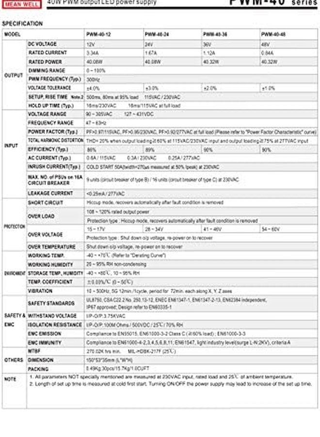 Mean Well PWM 40 12 12V 40W LED Power Supply With PFC And PWM Output - Image 3