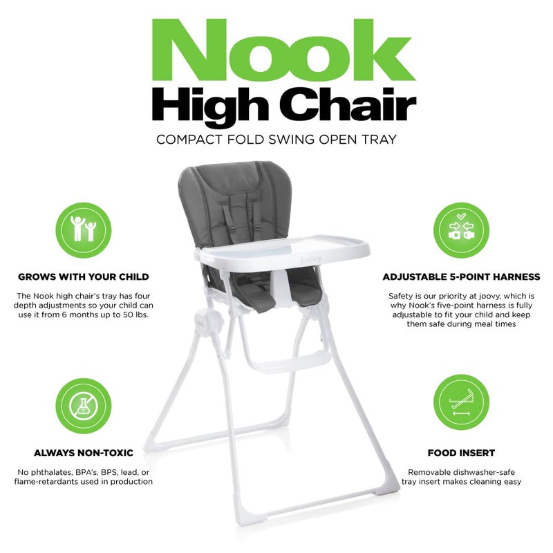 Joovy Nook High Chair Featuring Four-Position Adjustable Swing Open Tray, and Removable, Dishwasher-Safe Tray Insert for Easy Cleaning - Folds Down Flat for Easy Storage (Charcoal) - Image 5