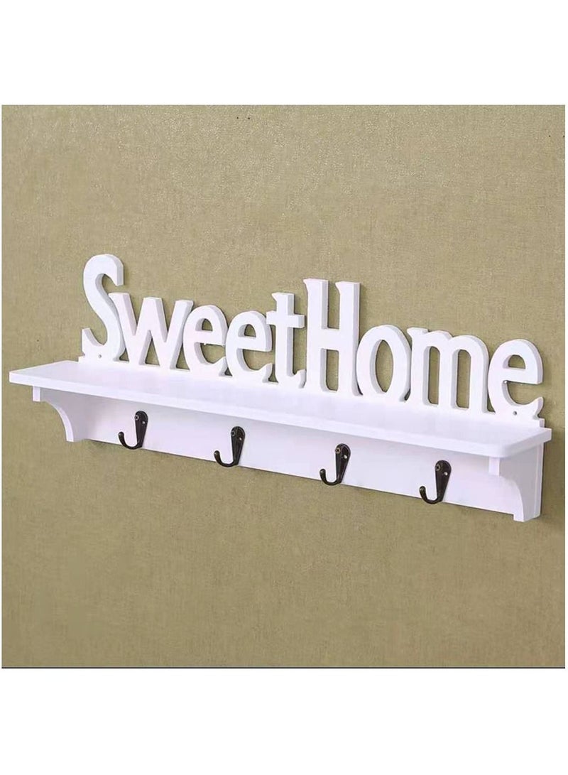 FFD Wooden Key Holder White Sweet Home Key Hooks Holder with Shelf 4 Hook Rack Wooden Hanging Coat Floating Shelves Home Office Wall Decoration  - Image 1