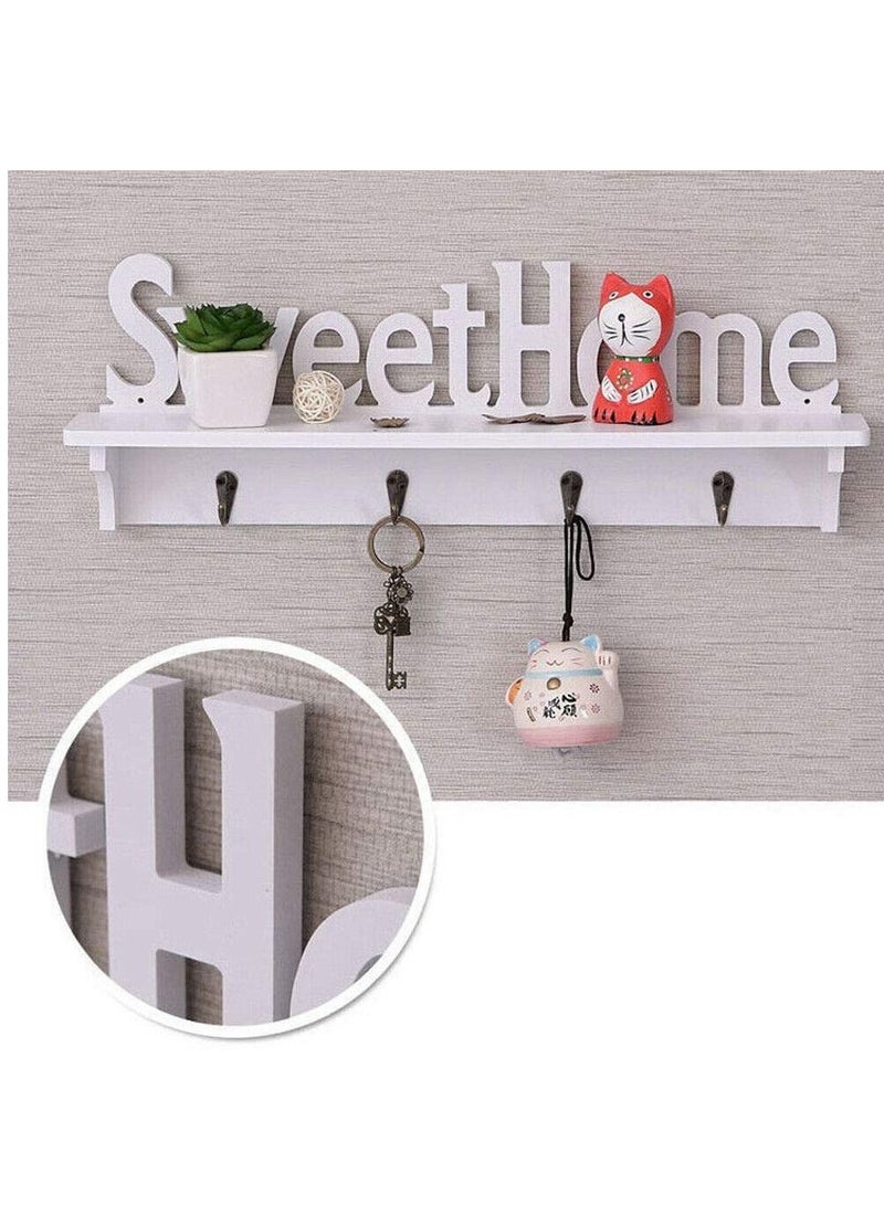 FFD Wooden Key Holder White Sweet Home Key Hooks Holder with Shelf 4 Hook Rack Wooden Hanging Coat Floating Shelves Home Office Wall Decoration  - Image 2
