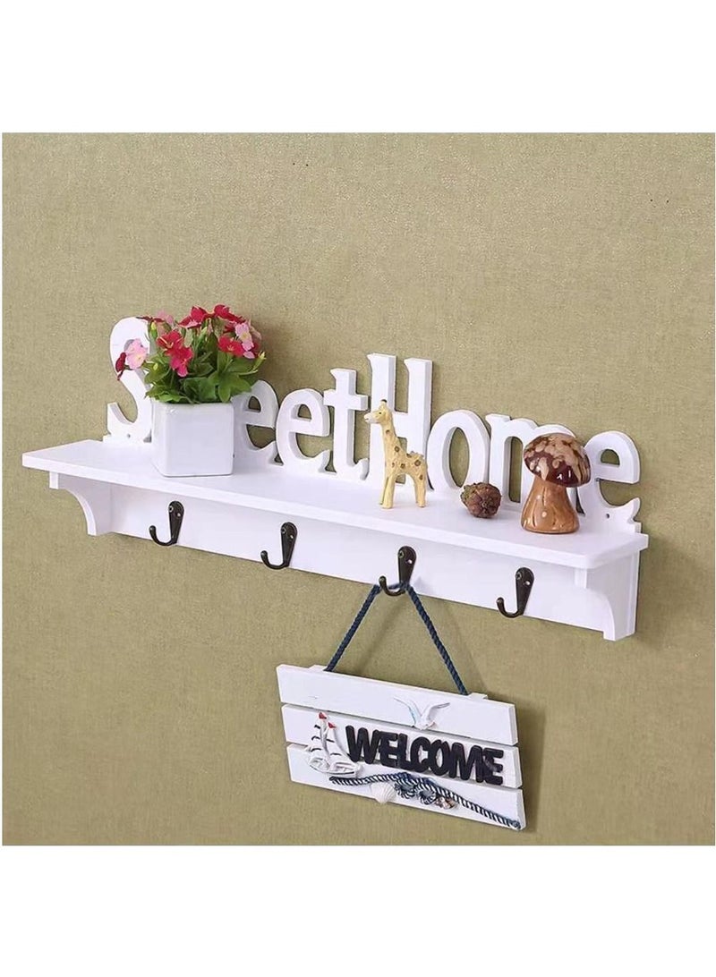FFD Wooden Key Holder White Sweet Home Key Hooks Holder with Shelf 4 Hook Rack Wooden Hanging Coat Floating Shelves Home Office Wall Decoration  - Image 4