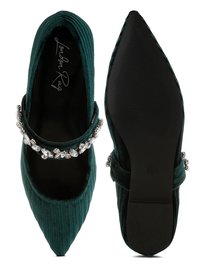 London Rag Diamante Brooch Velvet Ballerinas in Green