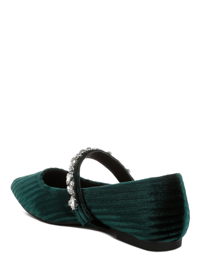 London Rag Diamante Brooch Velvet Ballerinas in Green