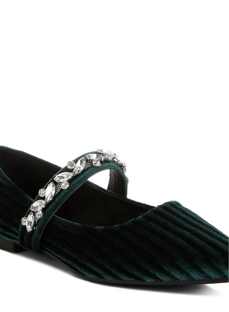 London Rag Diamante Brooch Velvet Ballerinas in Green