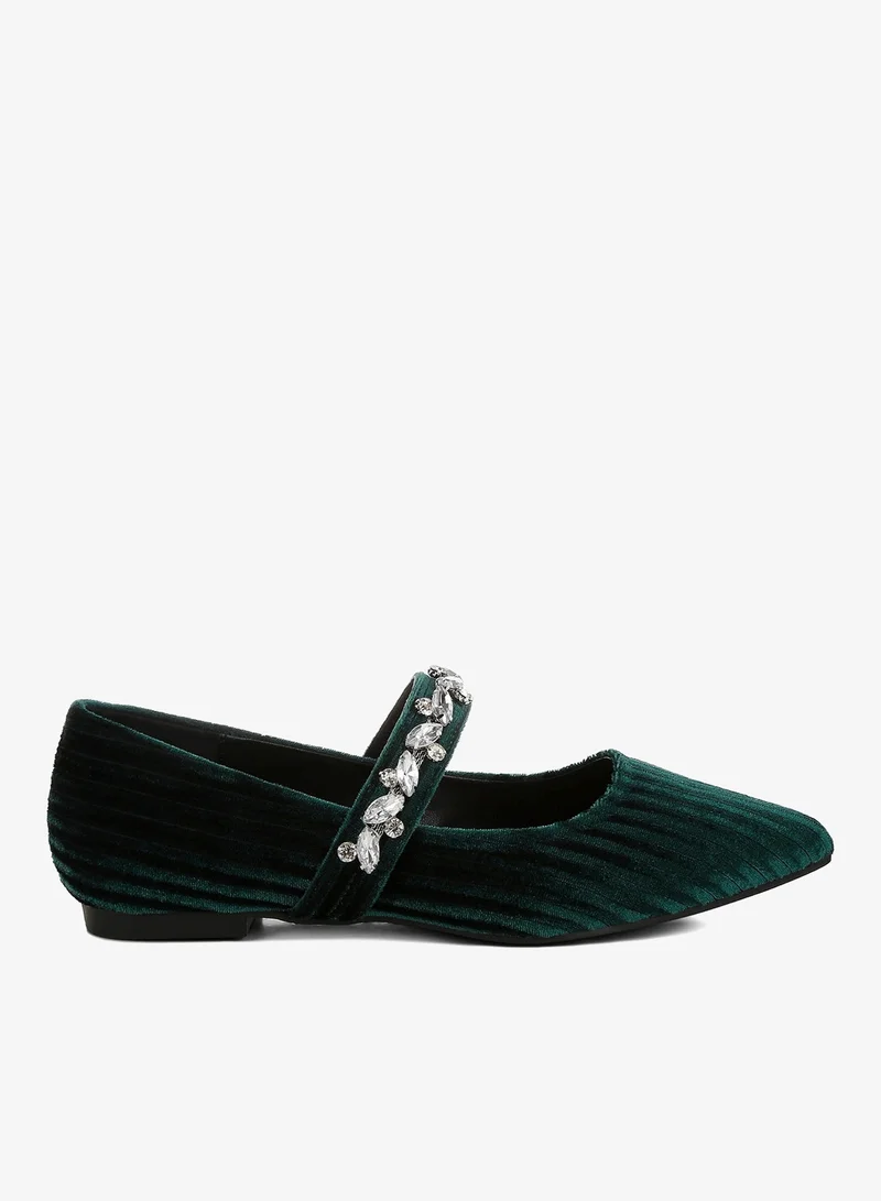 Diamante Brooch Velvet Ballerinas in Green