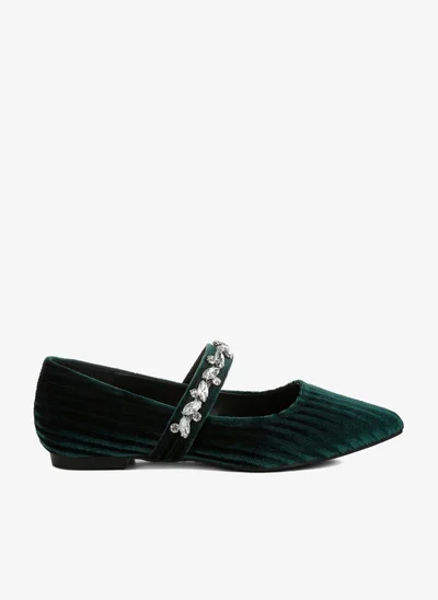 London Rag Diamante Brooch Velvet Ballerinas in Green