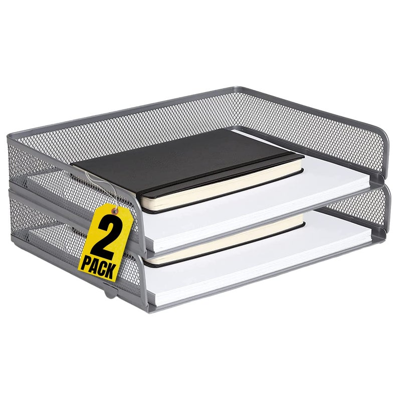 1InTheOffice Desk Tray Letter Tray Stackable Side Load Silver Mesh 2 Pack