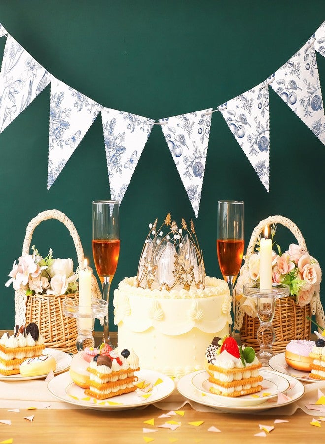 Weekgrat 5 Pieces Blue White Vintage Floral Paper Pennant Garland Wedding Garland Triangle Banner for Wedding Bridal Shower Outdoor Decoration - Image 3