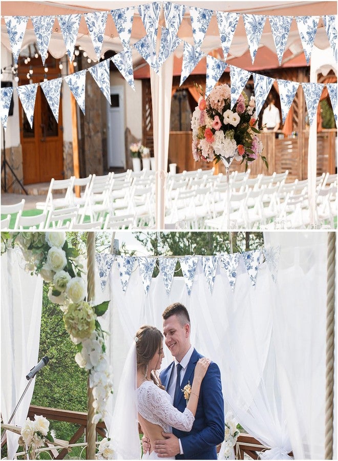 Weekgrat 5 Pieces Blue White Vintage Floral Paper Pennant Garland Wedding Garland Triangle Banner for Wedding Bridal Shower Outdoor Decoration - Image 4
