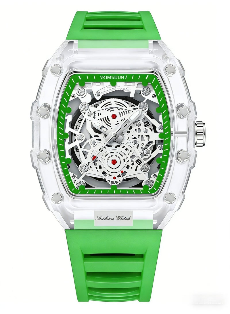 KIMSDUN Transparent Tonneau Skeleton Watch for Men | Green Silicone Strap | Fashion Mechanical Style Quartz Wristwatch with Date - Image 1
