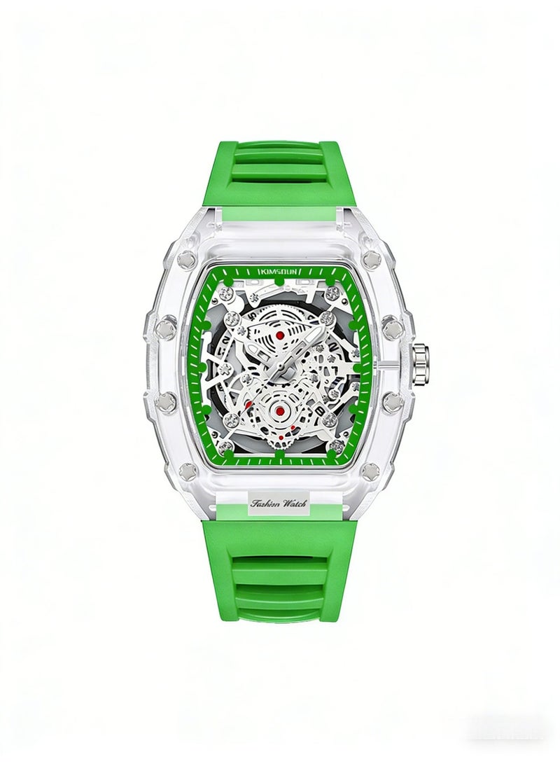 KIMSDUN Transparent Tonneau Skeleton Watch for Men | Green Silicone Strap | Fashion Mechanical Style Quartz Wristwatch with Date - Image 5
