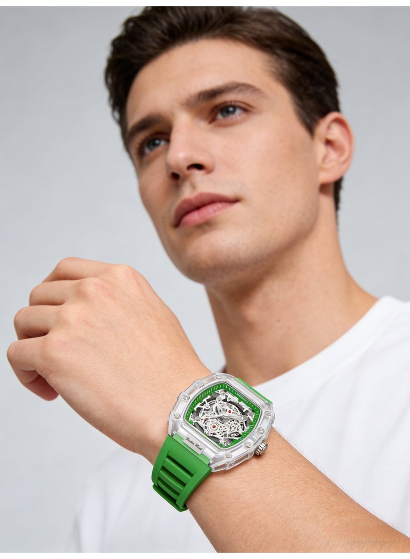 KIMSDUN Transparent Tonneau Skeleton Watch for Men | Green Silicone Strap | Fashion Mechanical Style Quartz Wristwatch with Date - Image 3