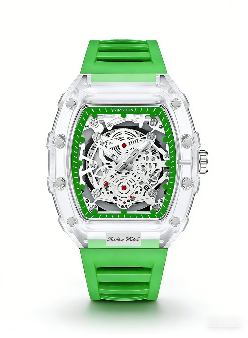 KIMSDUN Transparent Tonneau Skeleton Watch for Men | Green Silicone Strap | Fashion Mechanical Style Quartz Wristwatch with Date - Image 4