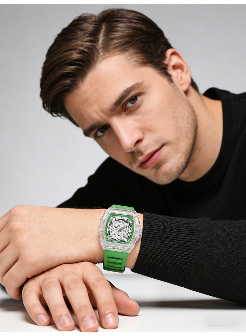 KIMSDUN Transparent Tonneau Skeleton Watch for Men | Green Silicone Strap | Fashion Mechanical Style Quartz Wristwatch with Date - Image 2