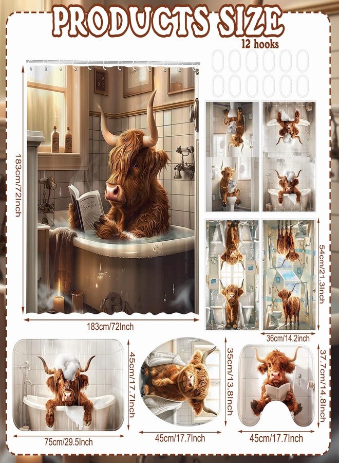 FuWeave مجموعة ستائر دش فريدة من نوعها مكونة من 8 قطع من أبقار المرتفعات للحمام مع سجادات ومناشف بقري، تشمل سجادة غير قابلة للانزلاق، غطاء مقعد المرحاض، حصيرة استحمام و12 خطافاً. - Image 2