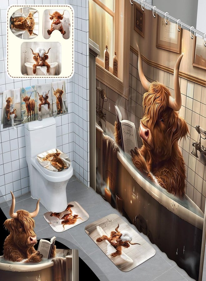 FuWeave مجموعة ستائر دش فريدة من نوعها مكونة من 8 قطع من أبقار المرتفعات للحمام مع سجادات ومناشف بقري، تشمل سجادة غير قابلة للانزلاق، غطاء مقعد المرحاض، حصيرة استحمام و12 خطافاً. - Image 1