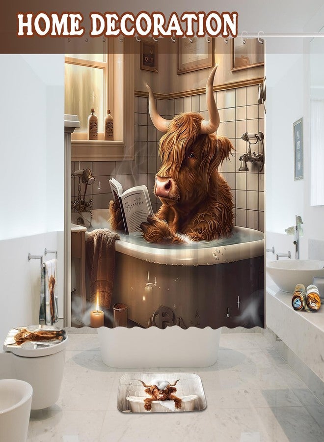 FuWeave مجموعة ستائر دش فريدة من نوعها مكونة من 8 قطع من أبقار المرتفعات للحمام مع سجادات ومناشف بقري، تشمل سجادة غير قابلة للانزلاق، غطاء مقعد المرحاض، حصيرة استحمام و12 خطافاً. - Image 5