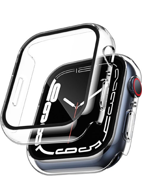 Apple Watch Series 7/8/9 45mm Case with 9H Tempered Glass Screen Protector, Unique Design Hard PC Waterproof Cover, Touch Sensitive Full Coverage Accessories for iWatch 7/8/9 45mm（Clear)