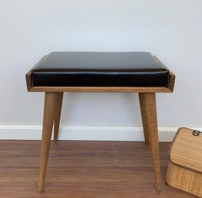 Streema Art Streema art Furniture StoolSeatOttomanBench in Solid Sheesham Wood Stool with Cushion Sitting Chair with Foam seat Black Lether  - Image 1