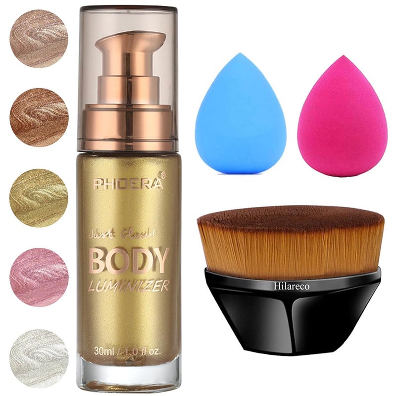 Hilareco PHOERA Body Shimmer Oil, Body Bronzer Shimmer Oil,Body Glow Oil Shimmer Highlighter Luminizer Body Illuminator with Makup Bursh,Self Tanning Lotion,1oz/Jars (102 Metallic Gold)